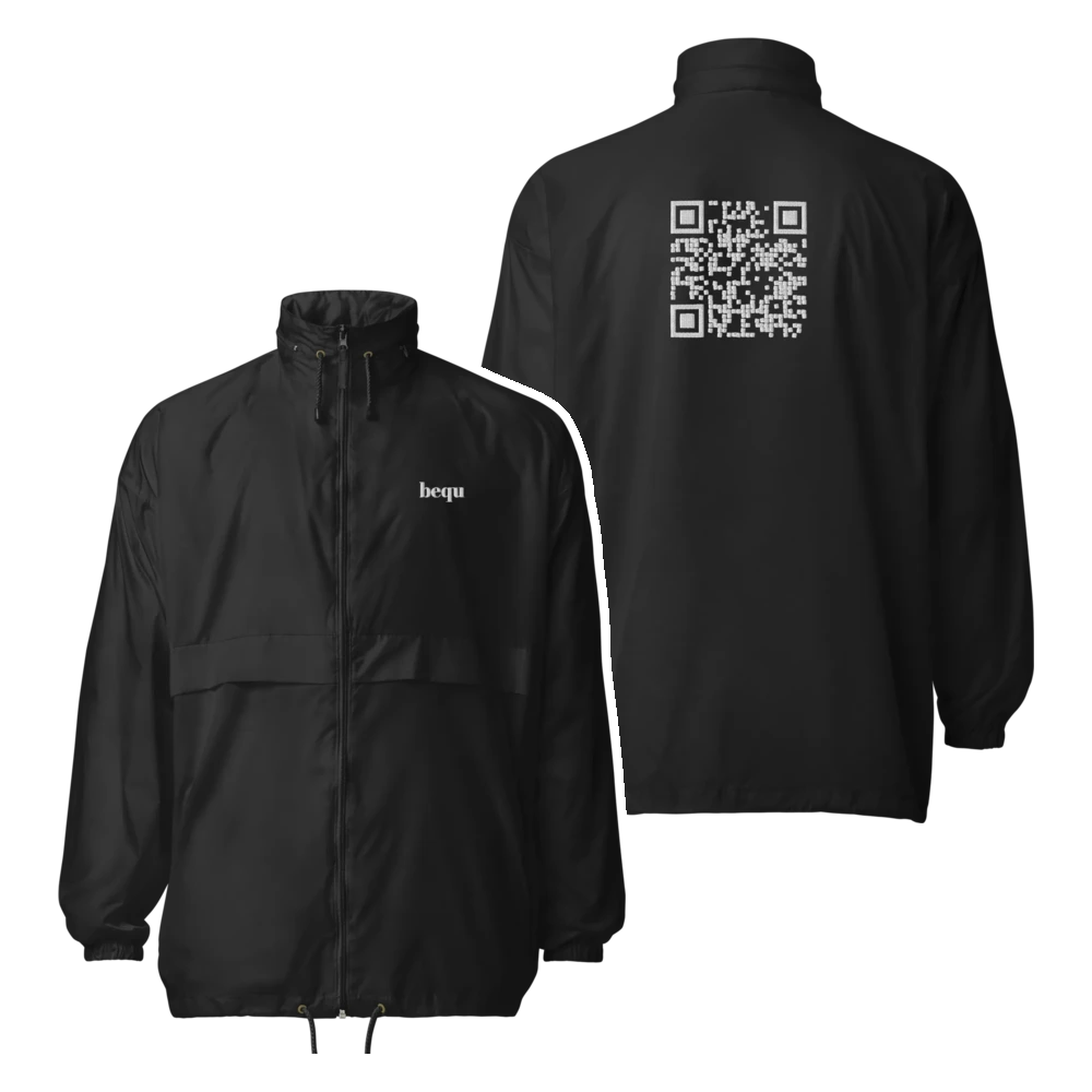 Black windbreaker from the front with small bequ lettering, behind it a black windbreaker from the back with a large embroidered QR code